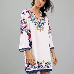 NWT Anthropologie Embroidered Linen Mini Dress White Purple Pockets S Small